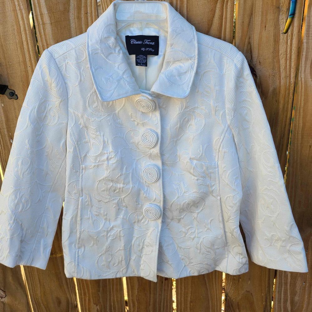 White Pattern Dressy Church Coat Top Blazer Women's Large Classic Trenz